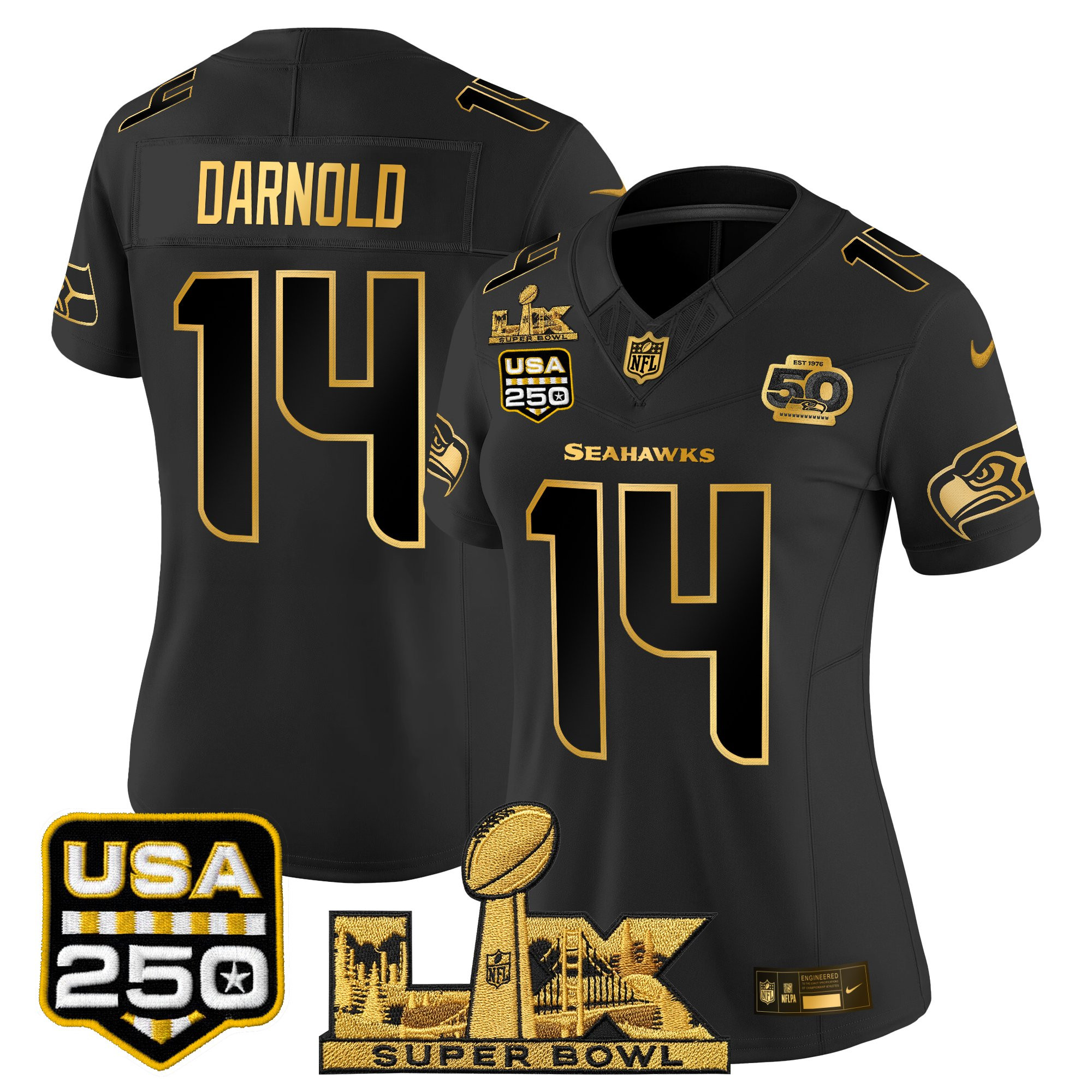 Women's Seattle Seahawks "Super Bowl LX & United States 250th Anniversary Patch" Gold Vapor Limited Jersey - All Stitched - Image 2