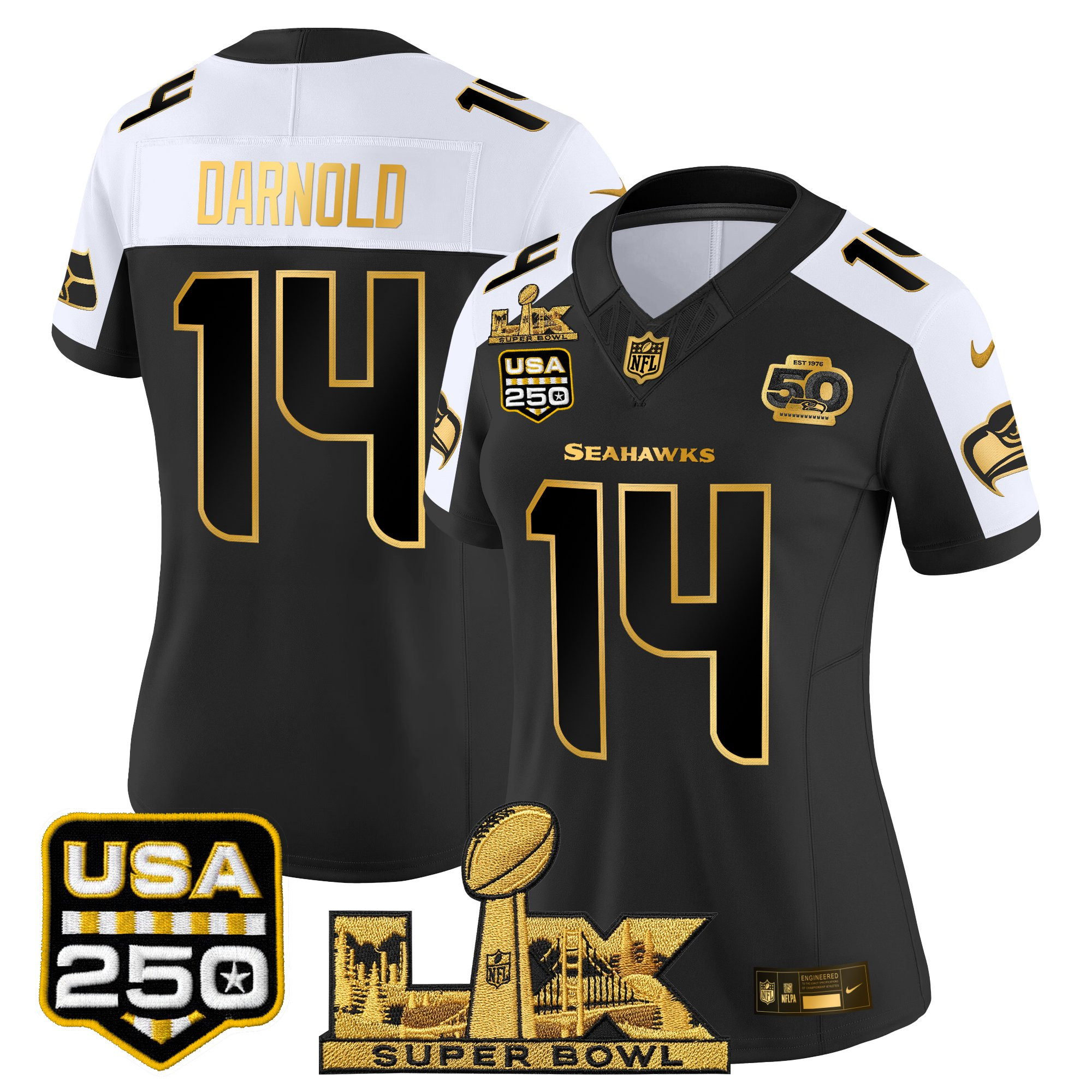 Women's Seattle Seahawks "Super Bowl LX & United States 250th Anniversary Patch" Gold Vapor Limited Jersey - All Stitched - Image 32