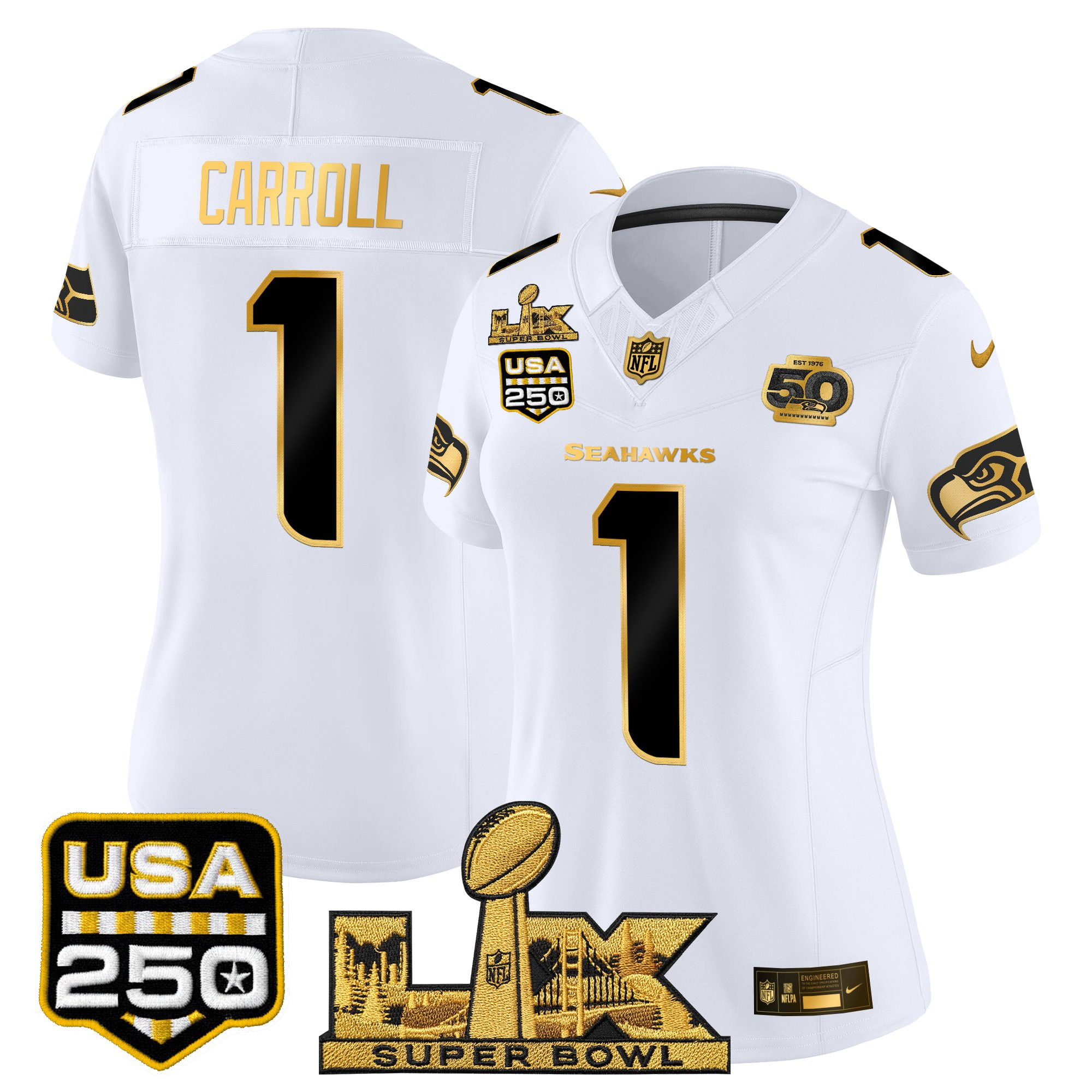 Women's Seattle Seahawks "Super Bowl LX & United States 250th Anniversary Patch" Gold Vapor Limited Jersey - All Stitched - Image 16