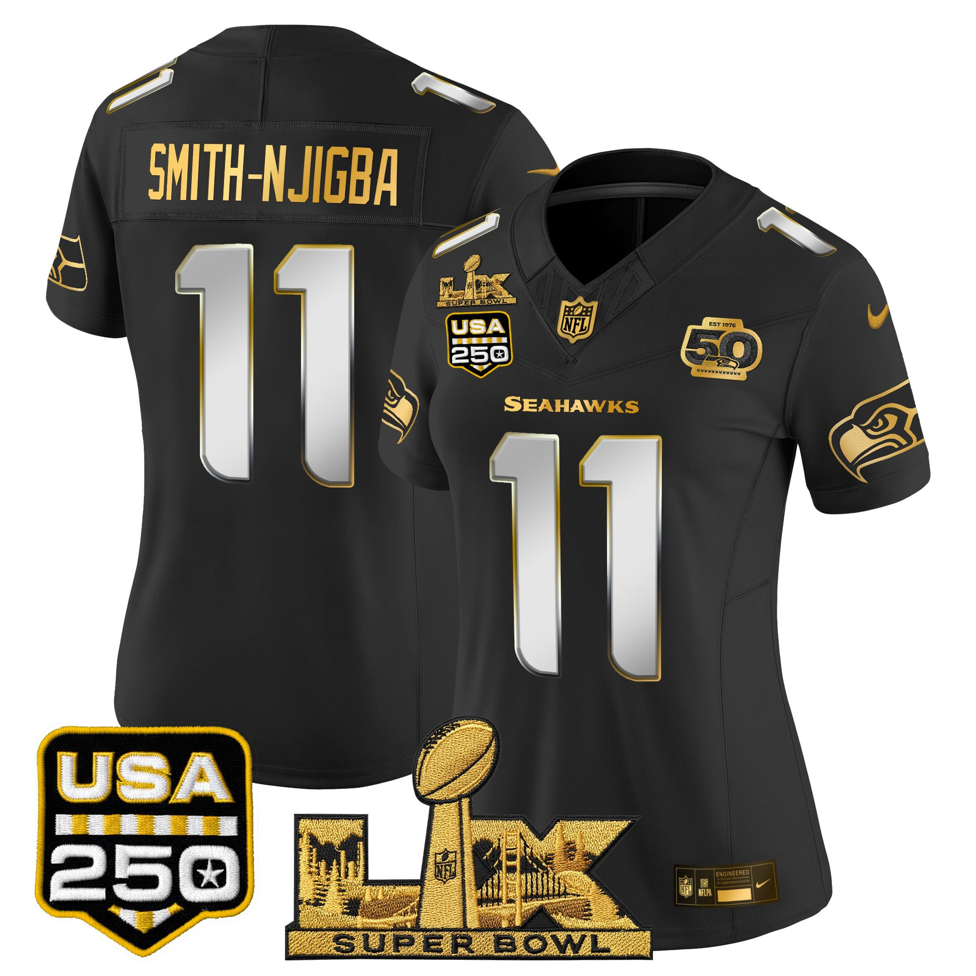 Women's Seattle Seahawks "Super Bowl LX & United States 250th Anniversary Patch" Gold Vapor Limited Jersey - All Stitched - Image 25