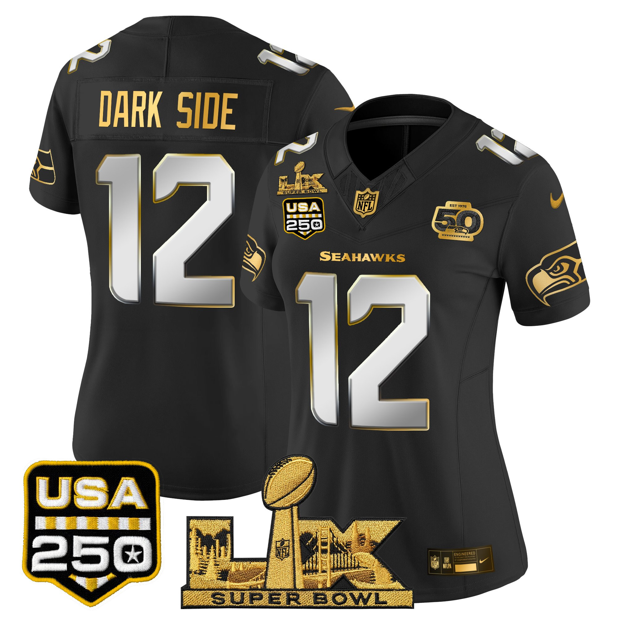 Women's Seattle Seahawks "Super Bowl LX & United States 250th Anniversary Patch" Gold Vapor Limited Jersey - All Stitched - Image 21