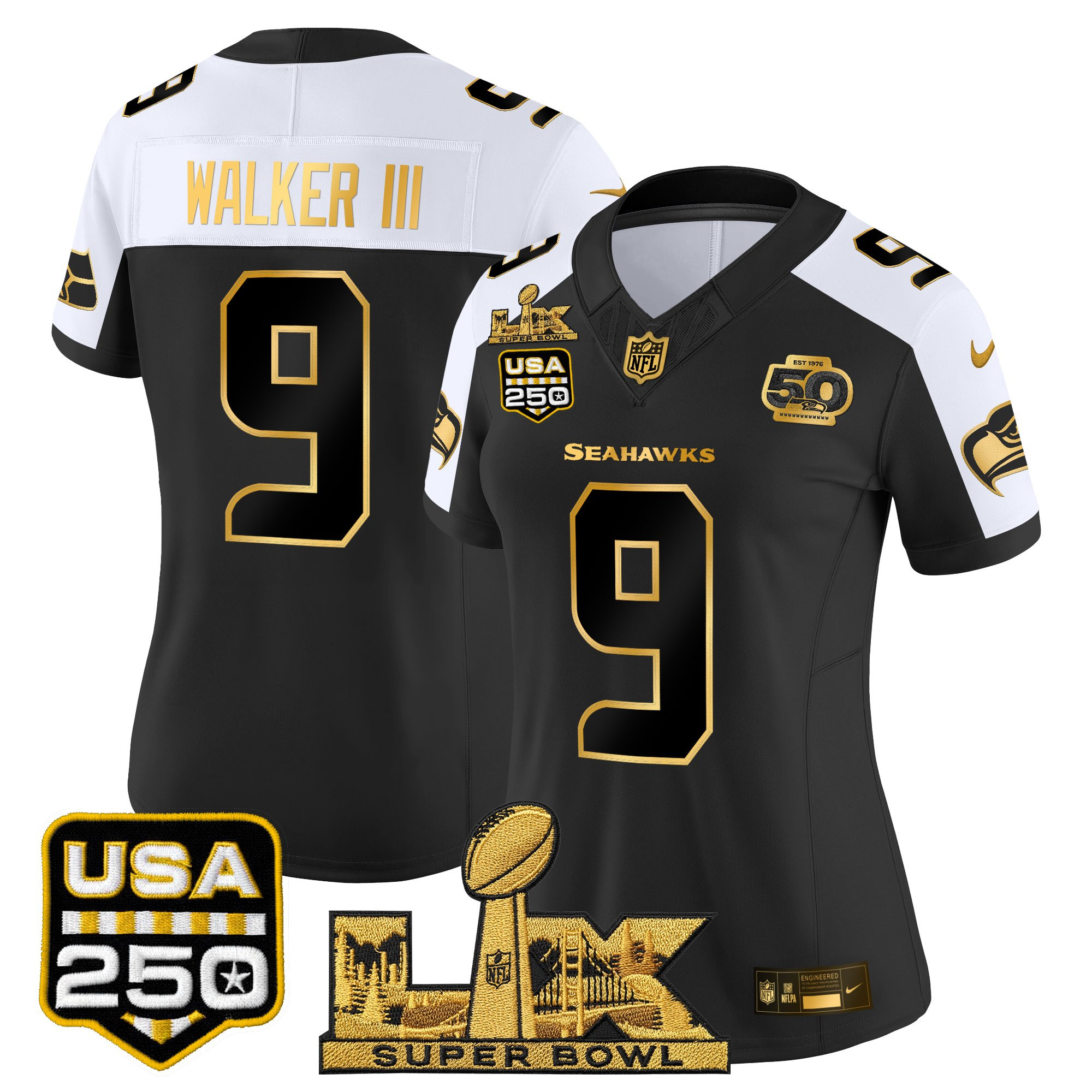 Women's Seattle Seahawks "Super Bowl LX & United States 250th Anniversary Patch" Gold Vapor Limited Jersey - All Stitched - Image 38