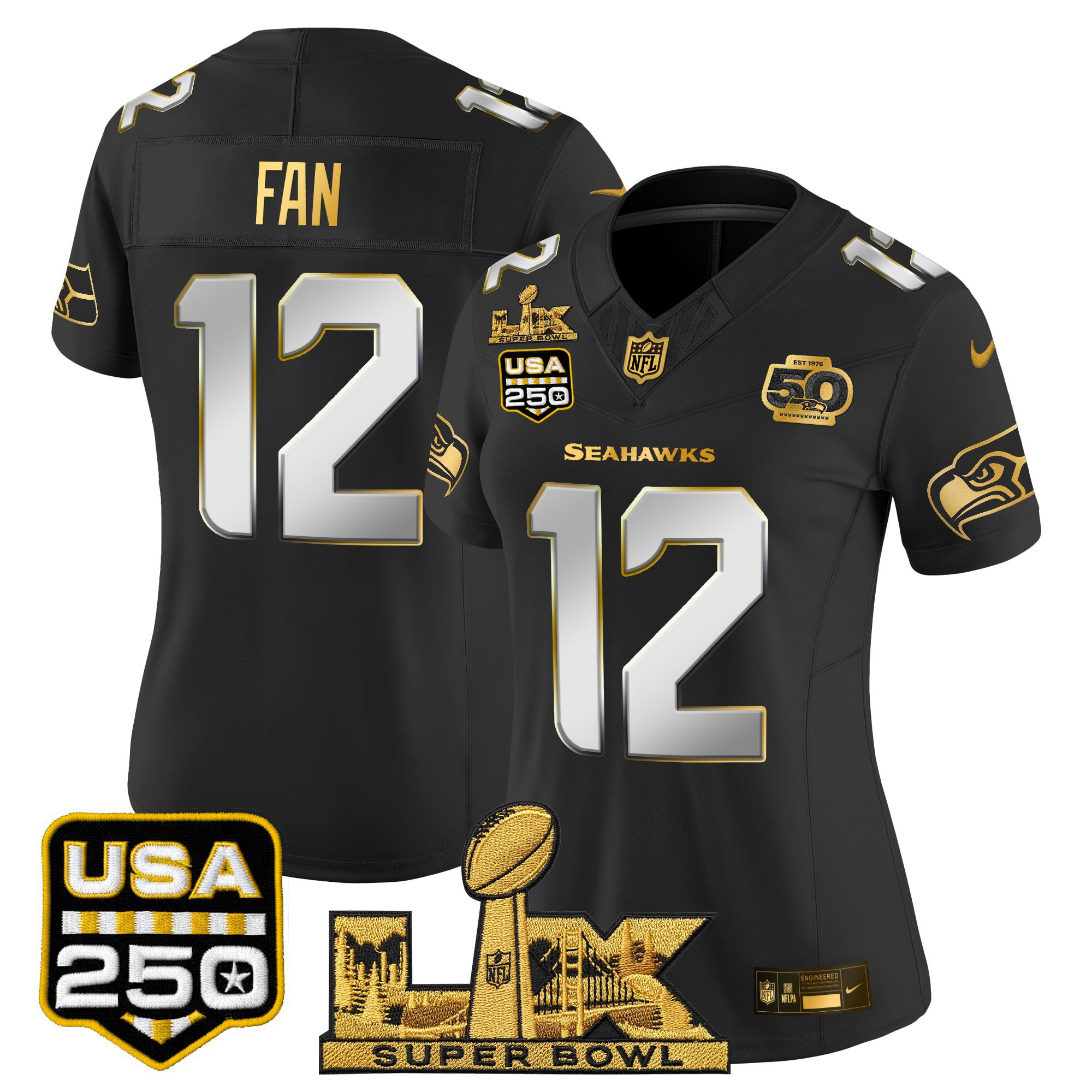 Women's Seattle Seahawks "Super Bowl LX & United States 250th Anniversary Patch" Gold Vapor Limited Jersey - All Stitched - Image 30