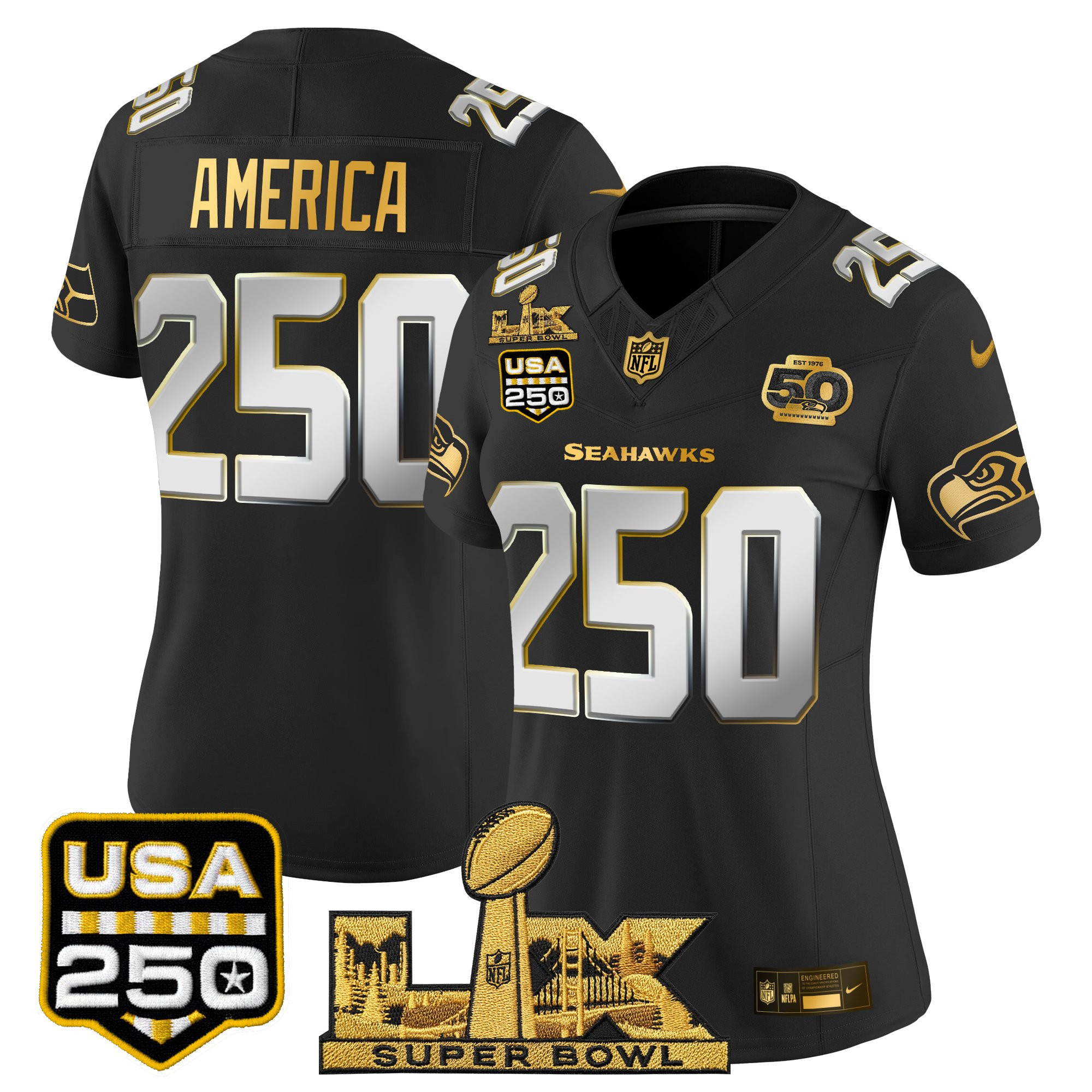 Women's Seattle Seahawks "Super Bowl LX & United States 250th Anniversary Patch" Gold Vapor Limited Jersey - All Stitched - Image 23
