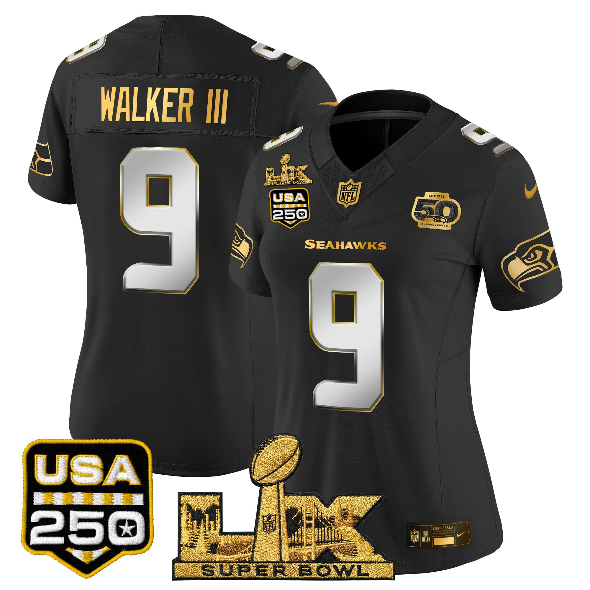 Women's Seattle Seahawks "Super Bowl LX & United States 250th Anniversary Patch" Gold Vapor Limited Jersey - All Stitched - Image 28