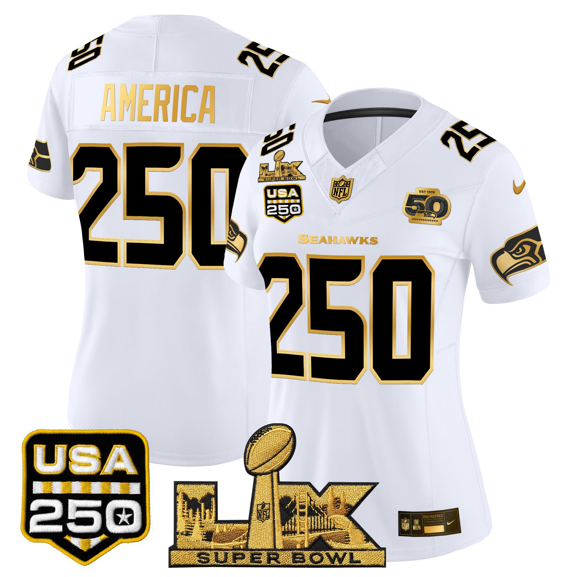 Women's Seattle Seahawks "Super Bowl LX & United States 250th Anniversary Patch" Gold Vapor Limited Jersey - All Stitched - Image 13