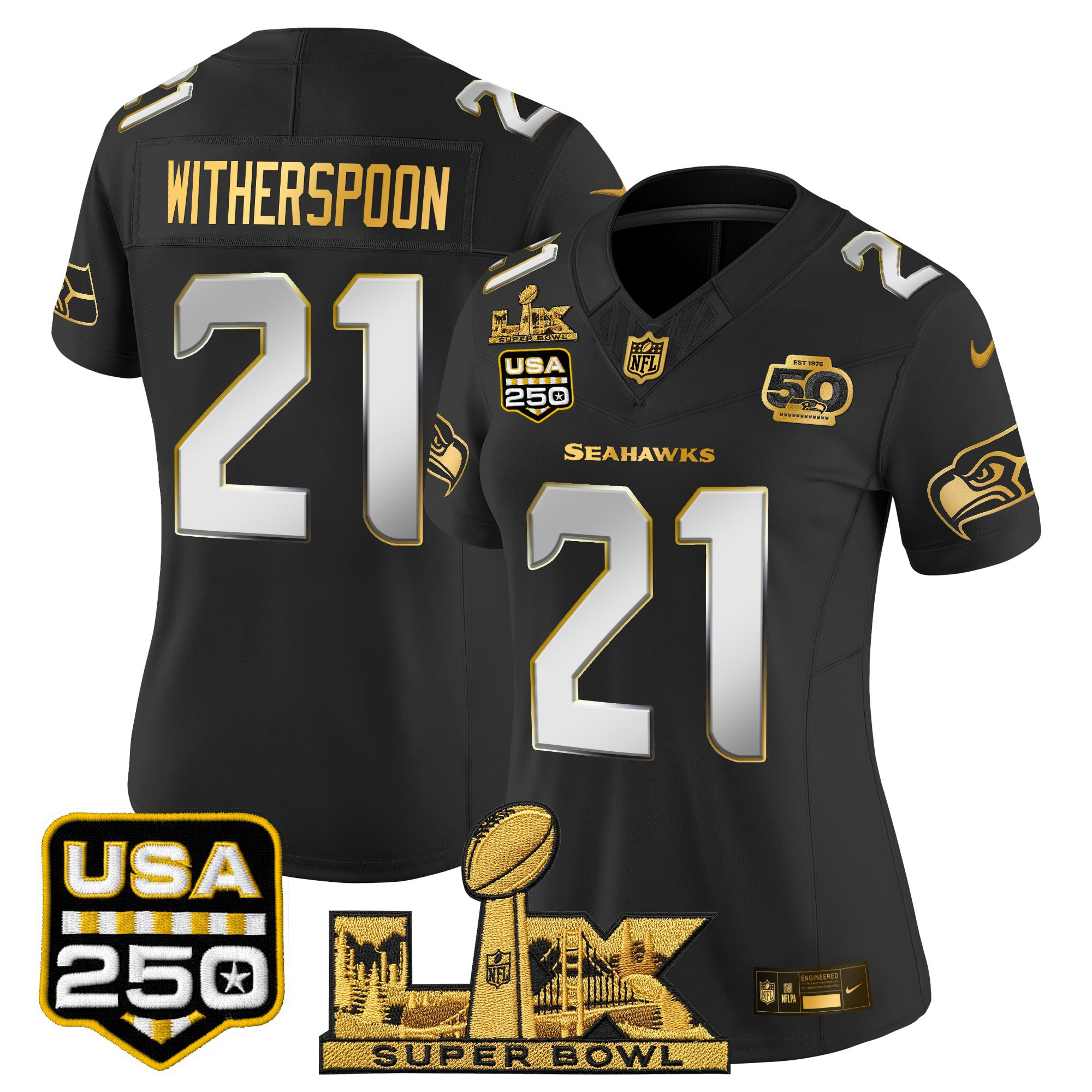 Women's Seattle Seahawks "Super Bowl LX & United States 250th Anniversary Patch" Gold Vapor Limited Jersey - All Stitched - Image 27