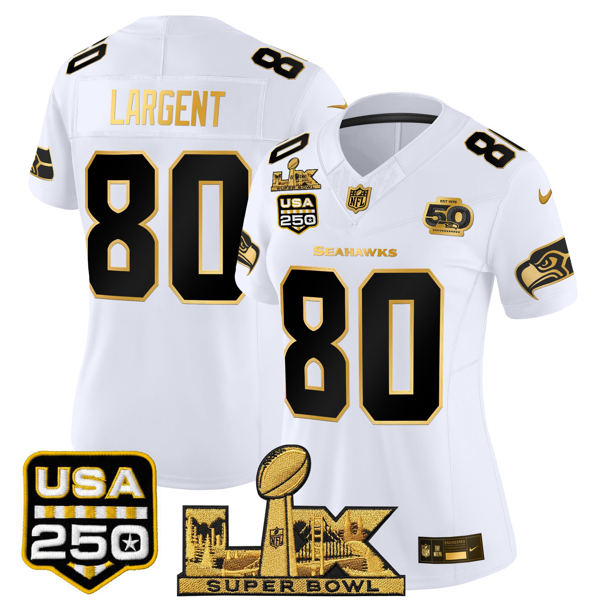 Women's Seattle Seahawks "Super Bowl LX & United States 250th Anniversary Patch" Gold Vapor Limited Jersey - All Stitched - Image 19
