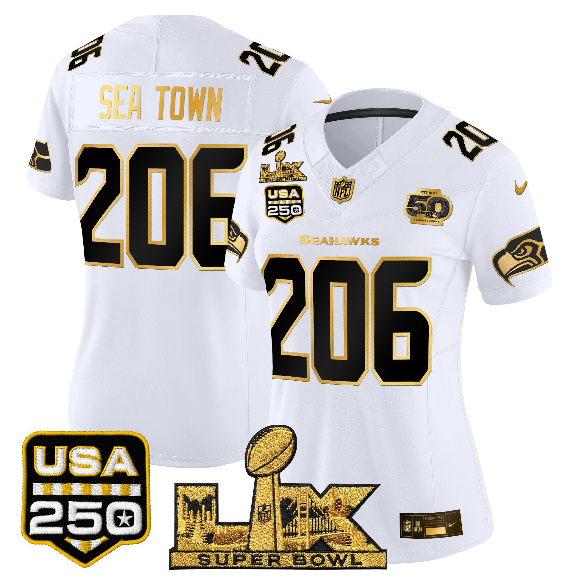 Women's Seattle Seahawks "Super Bowl LX & United States 250th Anniversary Patch" Gold Vapor Limited Jersey - All Stitched - Image 14