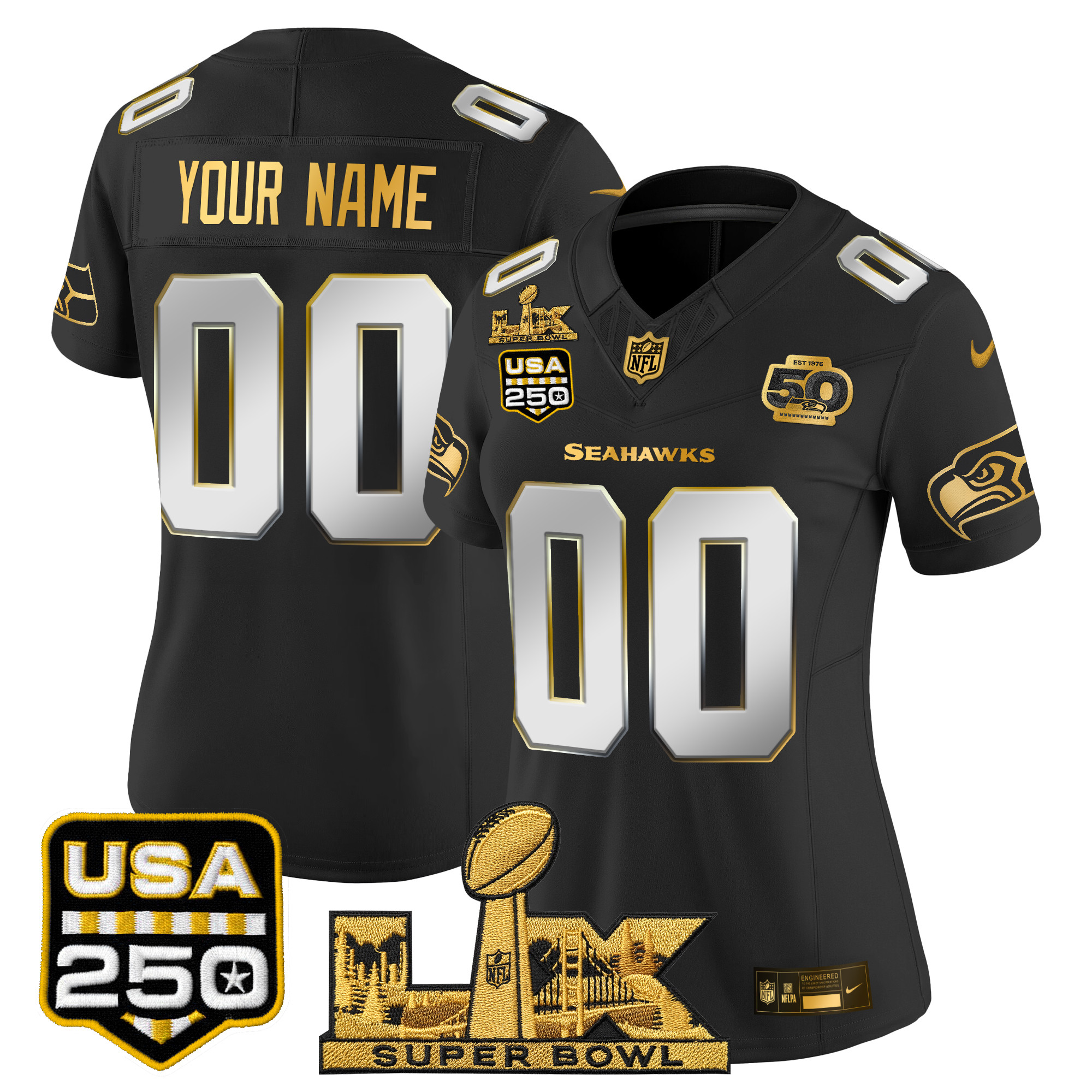 Seattle Seahawks "Super Bowl LX & United States 250th Anniversary Patch" Gold Vapor Limited Custom Jersey - All Stitched - Image 7