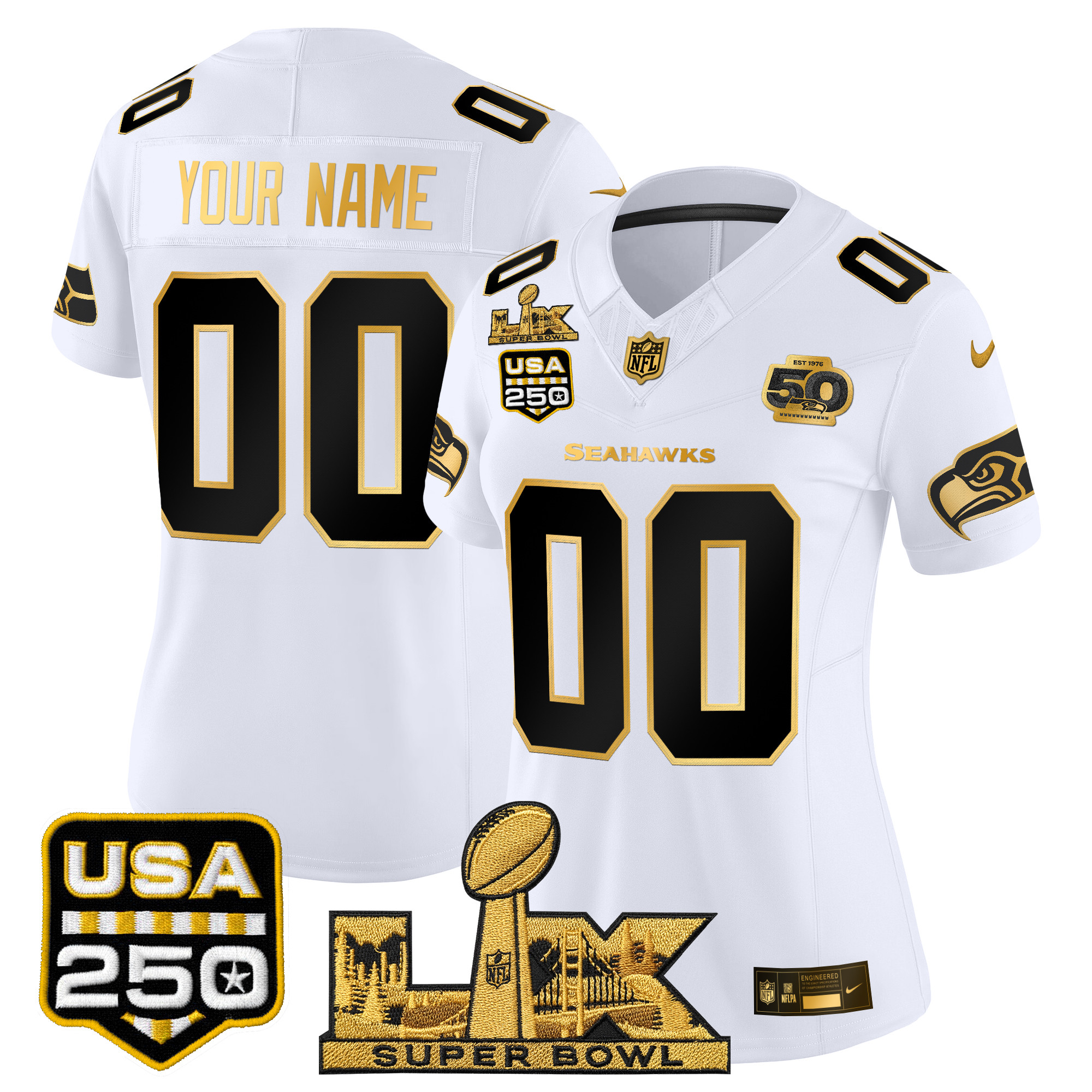 Seattle Seahawks "Super Bowl LX & United States 250th Anniversary Patch" Gold Vapor Limited Custom Jersey - All Stitched - Image 6