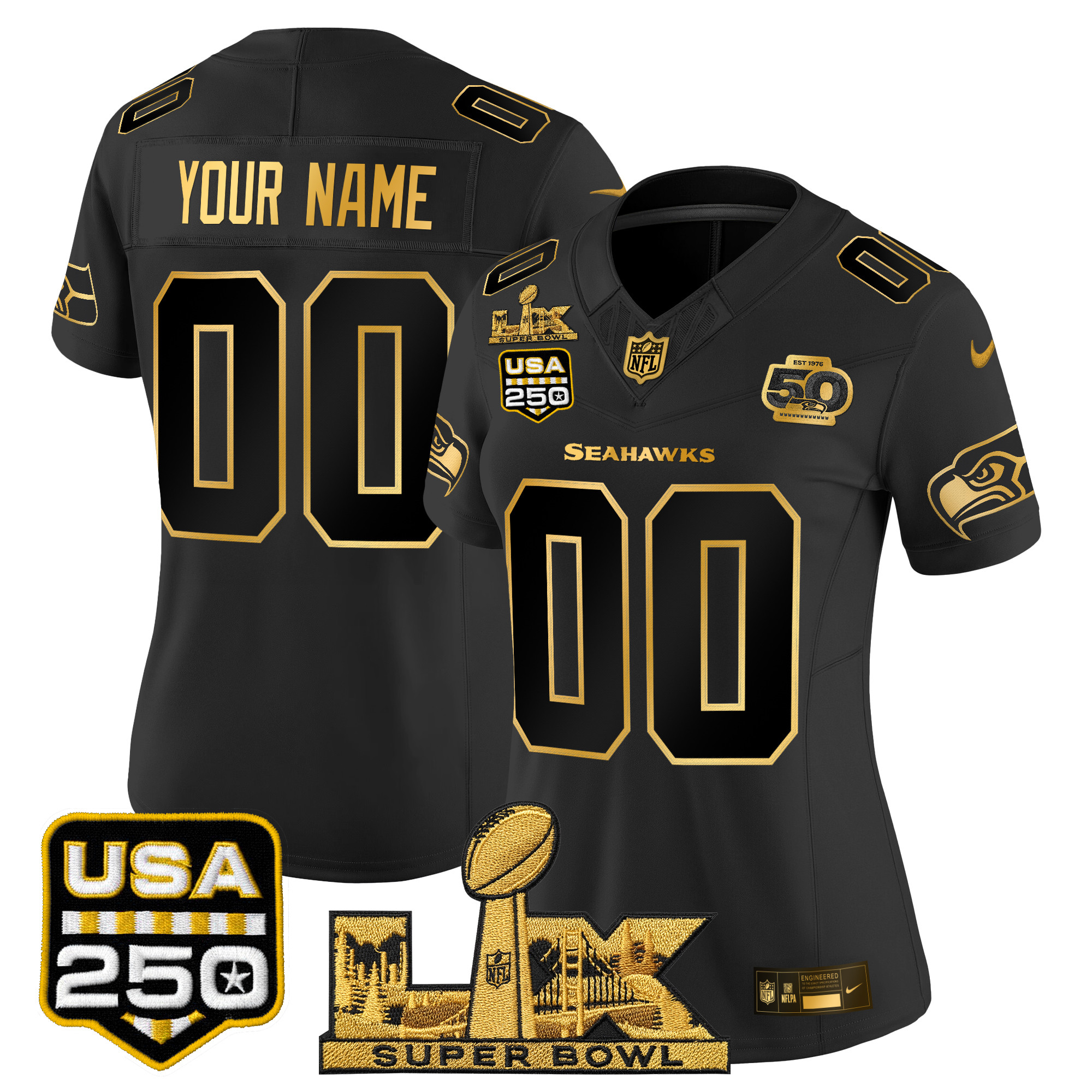 Seattle Seahawks "Super Bowl LX & United States 250th Anniversary Patch" Gold Vapor Limited Custom Jersey - All Stitched - Image 5