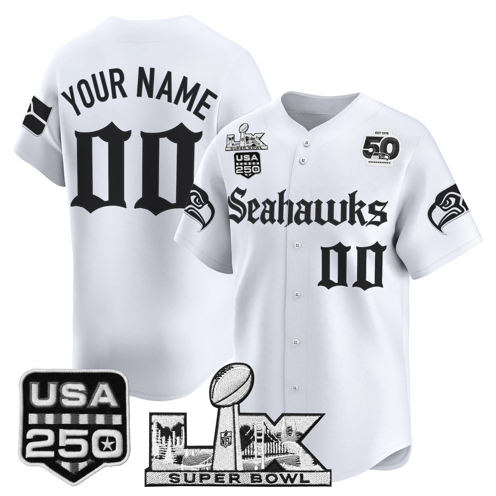 Seattle Seahawks “Super Bowl LX & 50th Patch” Vapor Baseball Custom Jersey - Gothic Edition - All Stitched - Image 2