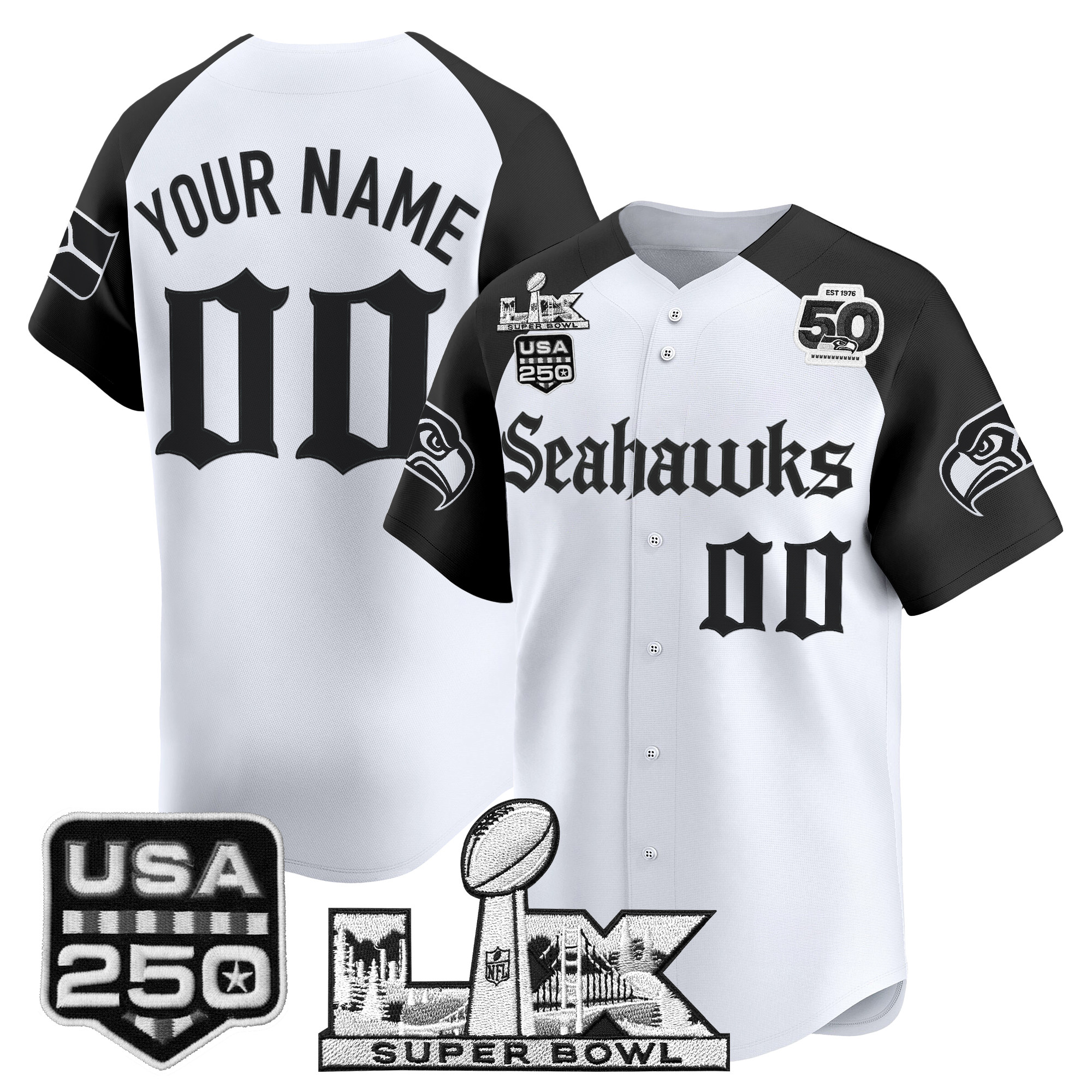 Seattle Seahawks “Super Bowl LX & 50th Patch” Vapor Baseball Custom Jersey - Gothic Edition - All Stitched - Image 3