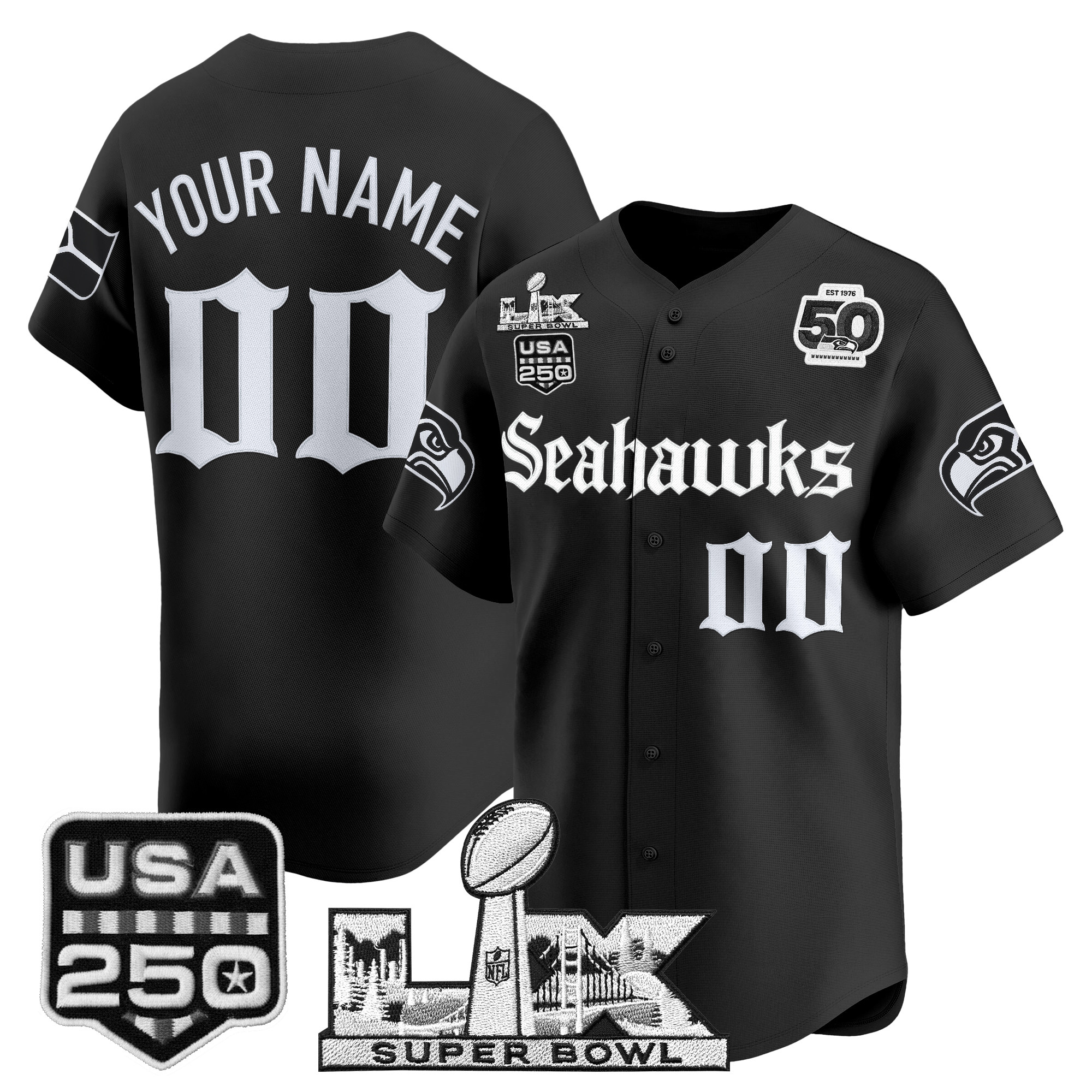 Seattle Seahawks “Super Bowl LX & 50th Patch” Vapor Baseball Custom Jersey - Gothic Edition - All Stitched